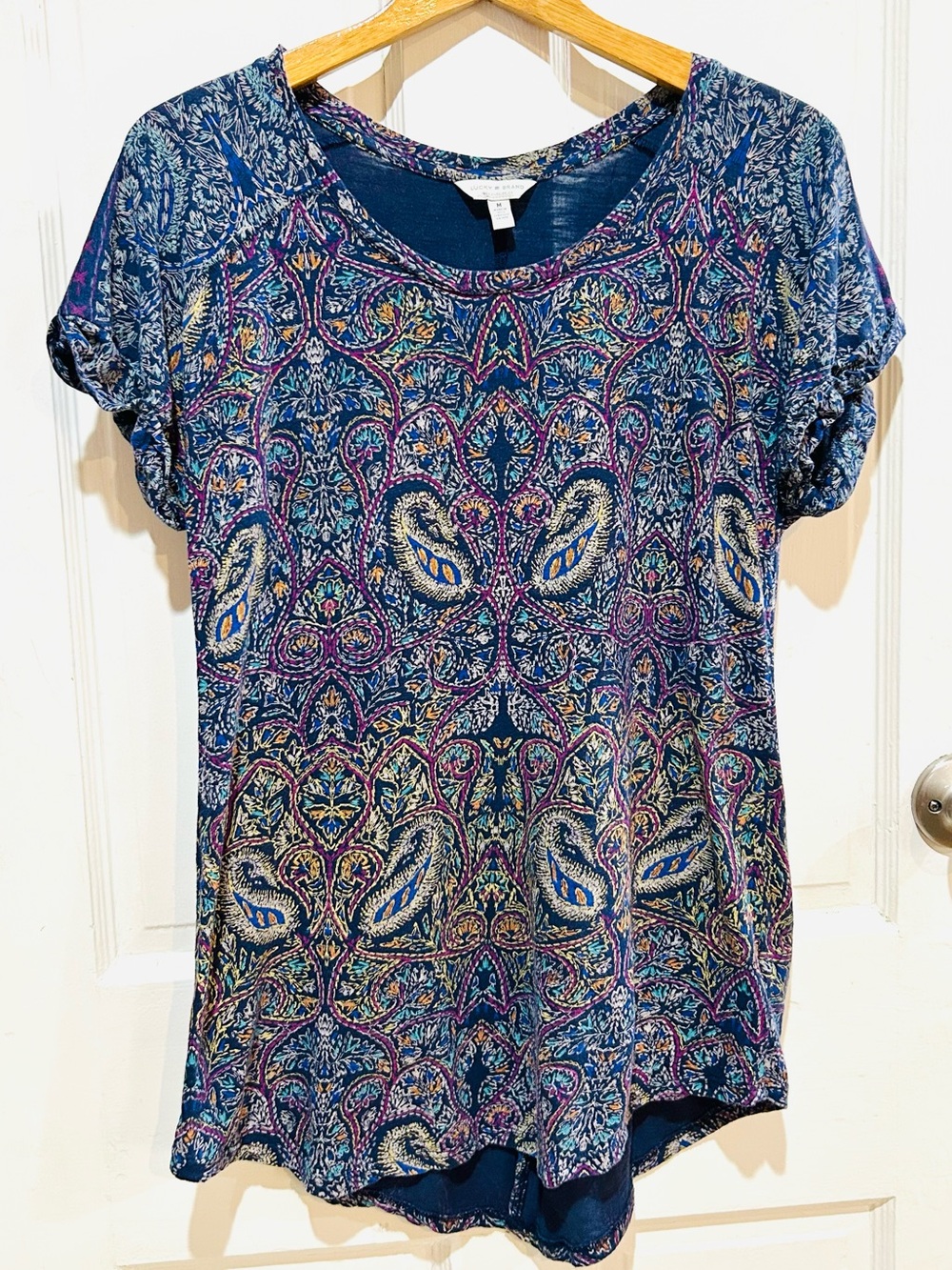 Lucky Brand Navy Blue Paisley Print Top relaxed Boho Casual Summer Size M